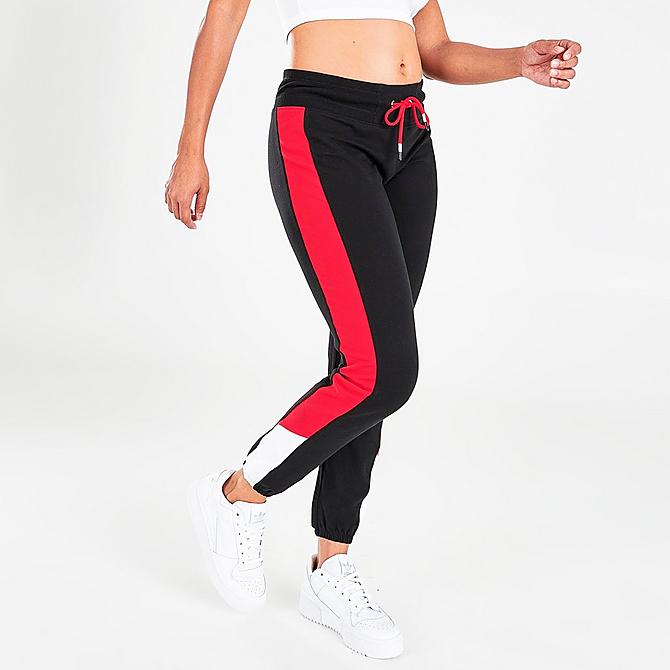 Back Left view of Women's Tommy Hilfiger Slant Jogger Pants in Black/Red/White Click to zoom