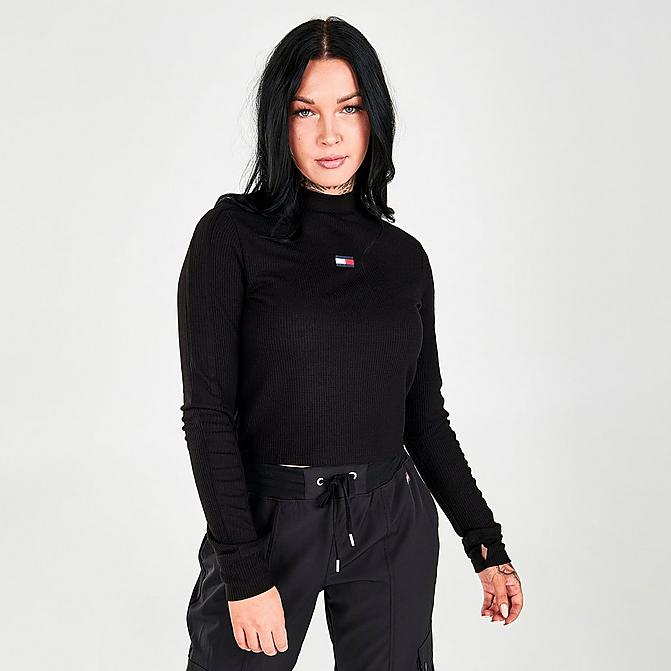 Front view of Women's Tommy Hilfiger Cropped Mock Neck Long-Sleeve T-Shirt in Black Click to zoom