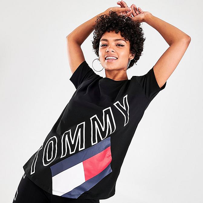 Front view of Women's Tommy Hilfiger Diagonal Tommy Graphic T-Shirt in Black Click to zoom