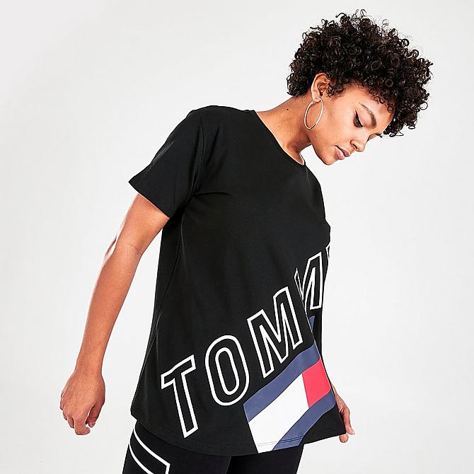 Back Left view of Women's Tommy Hilfiger Diagonal Tommy Graphic T-Shirt in Black Click to zoom