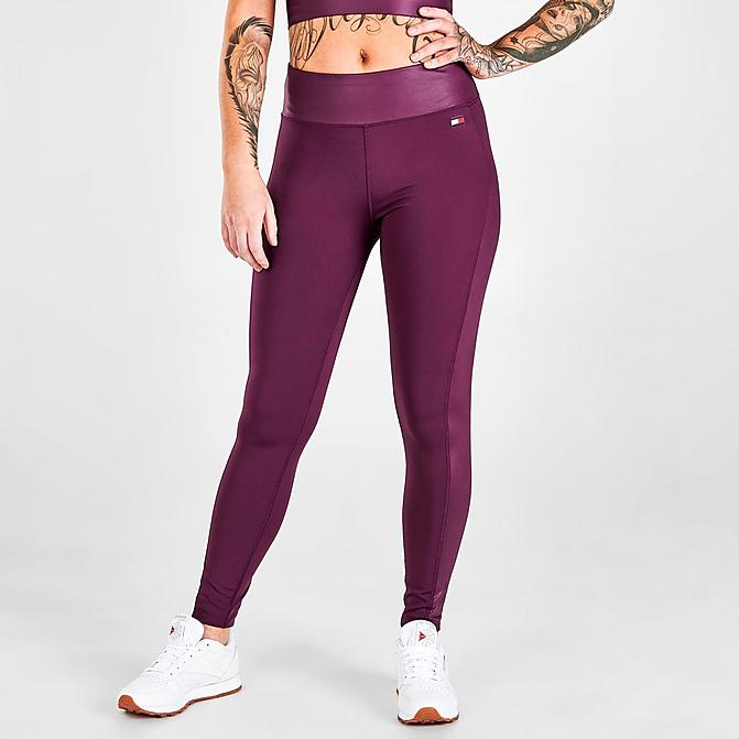 Front view of Women's Tommy Hilfiger Flag Shine Leggings in Wineberry Click to zoom