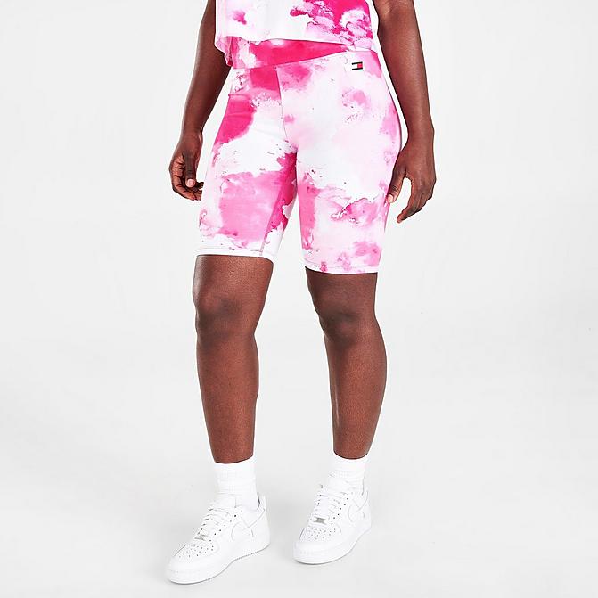 Front view of Women's Tommy Hilfiger Tie-Dye Bike Shorts in Electric Magenta Click to zoom