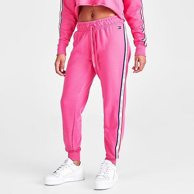 Front view of Women's Tommy Hilfiger Tape Logo Jogger Pants in Pink Click to zoom
