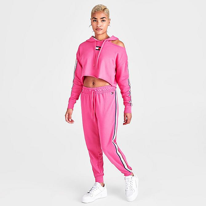 Front Three Quarter view of Women's Tommy Hilfiger Tape Logo Jogger Pants in Pink Click to zoom