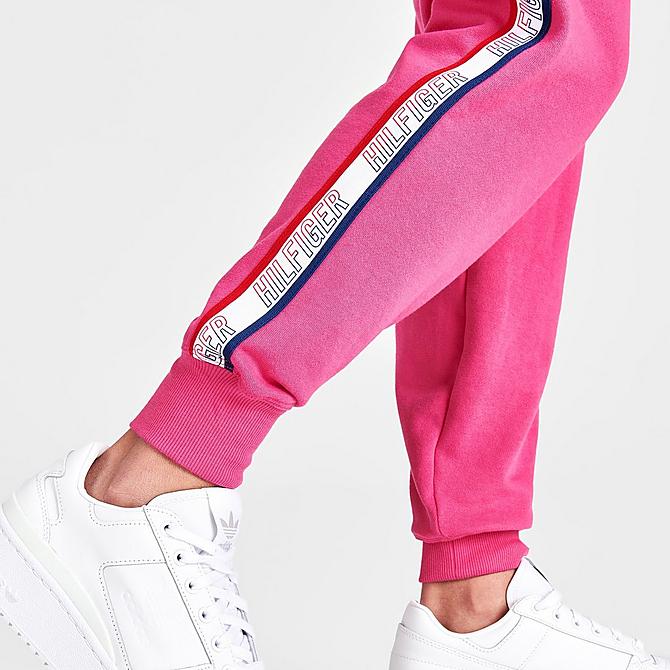 On Model 6 view of Women's Tommy Hilfiger Tape Logo Jogger Pants in Pink Click to zoom