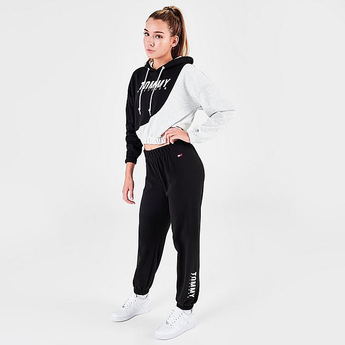 Front Three Quarter view of Women's Tommy Hilfiger Sport Block Jogger Sweatpants in Black/Heather Grey Click to zoom