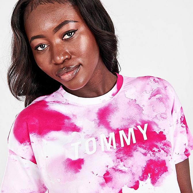 On Model 5 view of Women's Tommy Hilfiger Sport Watercolor Tie-Dye T-Shirt in Electric Magenta Click to zoom