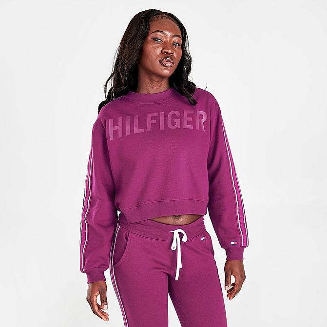 Front view of Women's Tommy Hilfiger Logo Cropped Crewneck Sweatshirt in Wineberry Click to zoom
