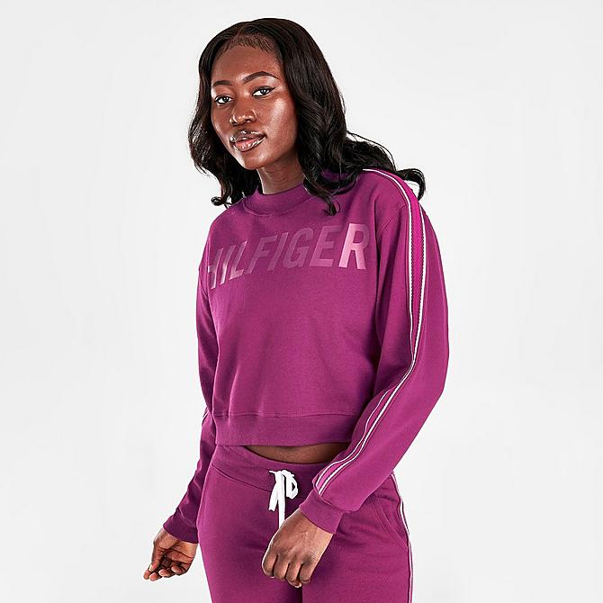 Back Left view of Women's Tommy Hilfiger Logo Cropped Crewneck Sweatshirt in Wineberry Click to zoom