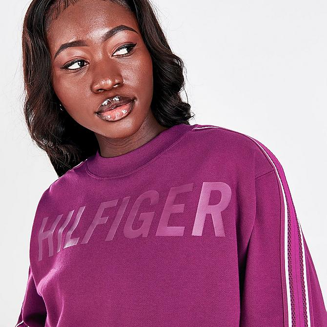 On Model 5 view of Women's Tommy Hilfiger Logo Cropped Crewneck Sweatshirt in Wineberry Click to zoom