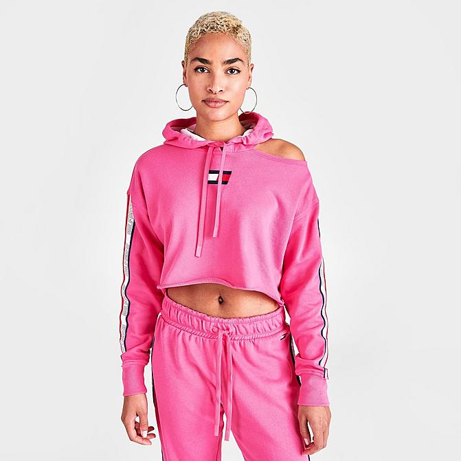 Front view of Women's Tommy Hilfiger Taped Logo Cropped Hoodie in Pink Click to zoom