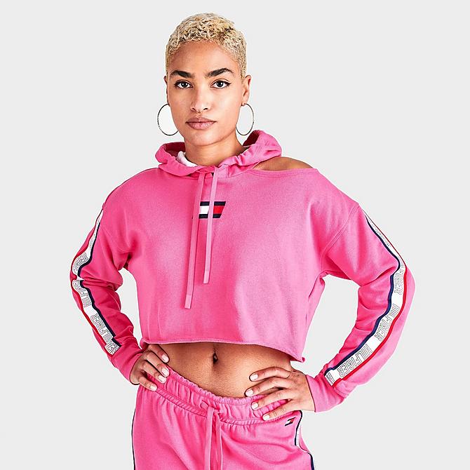 Back Left view of Women's Tommy Hilfiger Taped Logo Cropped Hoodie in Pink Click to zoom