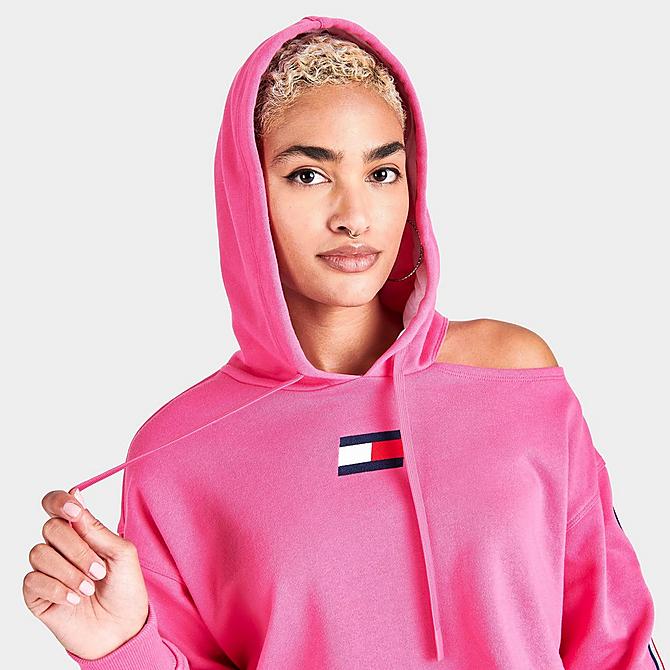 On Model 5 view of Women's Tommy Hilfiger Taped Logo Cropped Hoodie in Pink Click to zoom