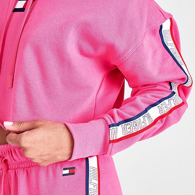 On Model 6 view of Women's Tommy Hilfiger Taped Logo Cropped Hoodie in Pink Click to zoom