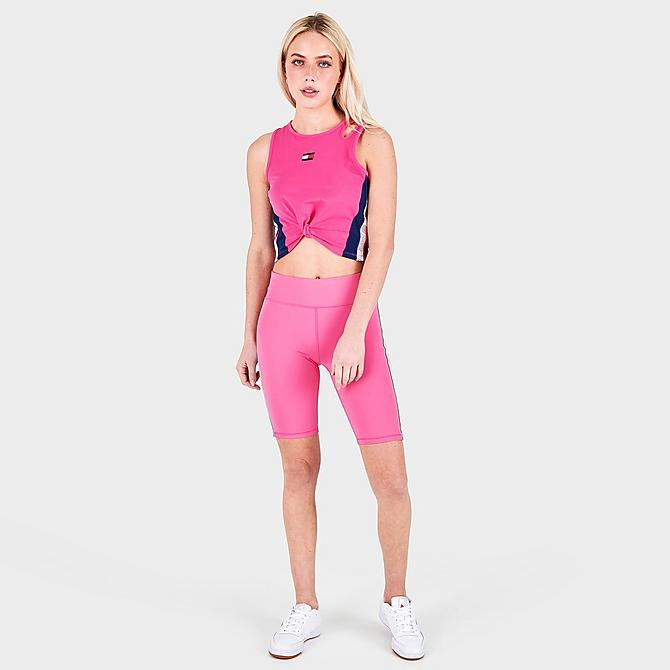 Front Three Quarter view of Women's Tommy Hilfiger Logo Twist Tank in Pink Click to zoom