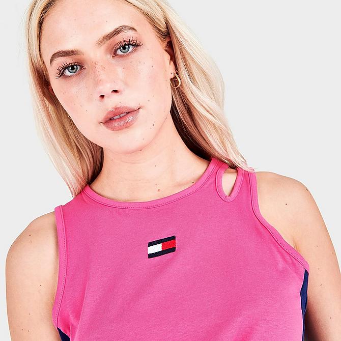 On Model 5 view of Women's Tommy Hilfiger Logo Twist Tank in Pink Click to zoom