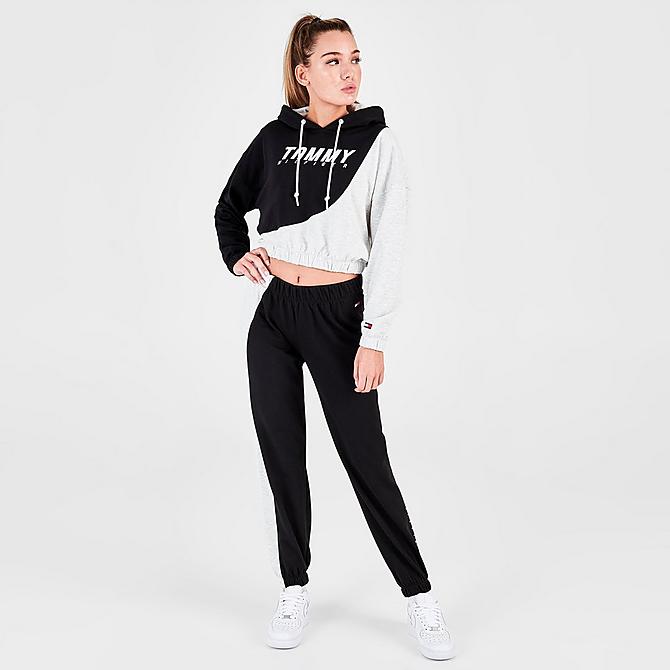Front Three Quarter view of Women's Tommy Hilfiger Sport Block Cropped Hoodie in Black/Heather Grey Click to zoom