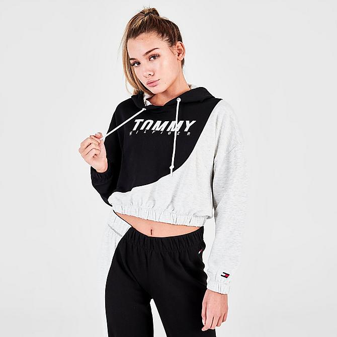 Back Left view of Women's Tommy Hilfiger Sport Block Cropped Hoodie in Black/Heather Grey Click to zoom