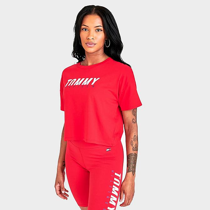 Front view of Women's Tommy Hilfiger Boxy Graphic Cropped T-Shirt in Scarlet Click to zoom