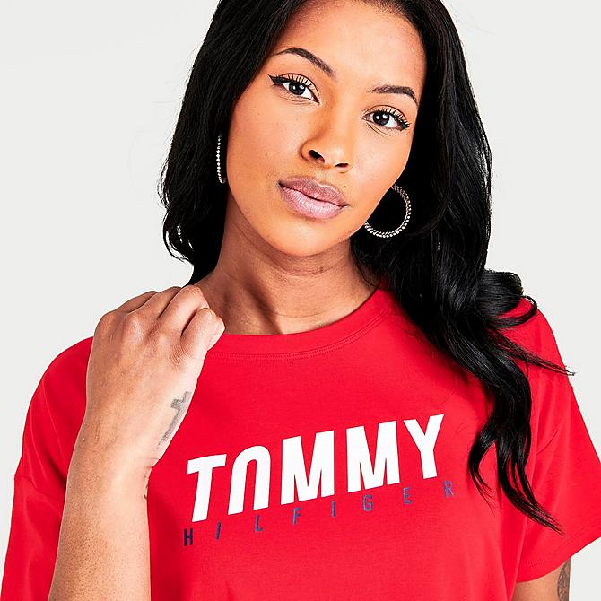 On Model 5 view of Women's Tommy Hilfiger Boxy Graphic Cropped T-Shirt in Scarlet Click to zoom