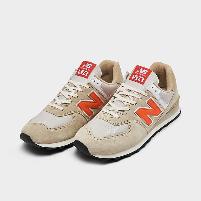 Three Quarter view of New Balance 574 Casual Shoes in Beige/Mandarin Click to zoom