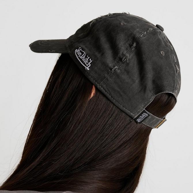 Three Quarter view of Von Dutch Busted Dad Strapback Hat in Washed Black Click to zoom