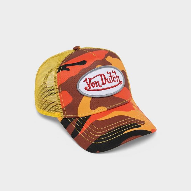 Front view of Von Dutch Camo Trucker Hat in Orange/Yellow Click to zoom