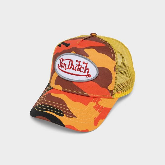 Left view of Von Dutch Camo Trucker Hat in Orange/Yellow Click to zoom