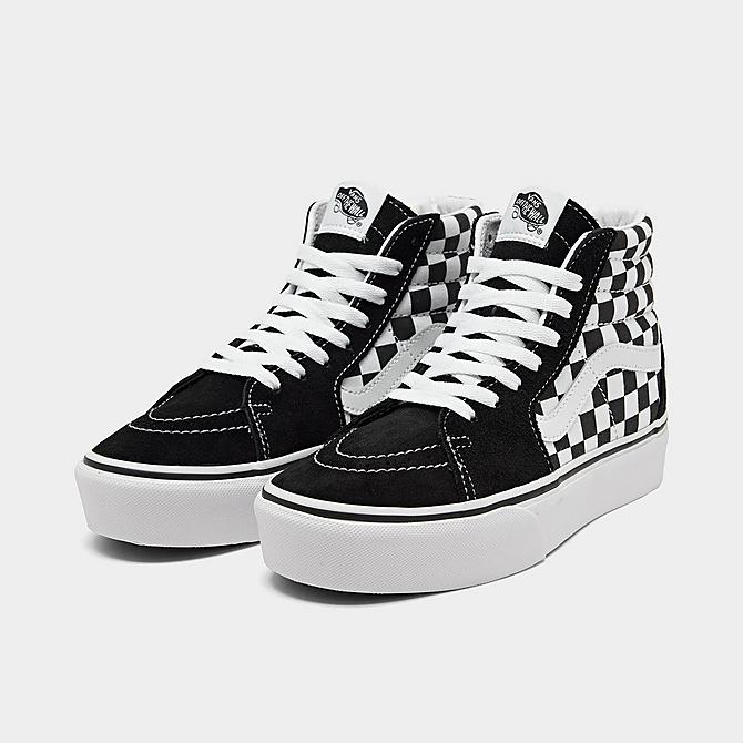 Three Quarter view of Women's Vans Sk8-Hi Platform 2.0 Casual Shoes in Black/Black-White Checkerboard Click to zoom
