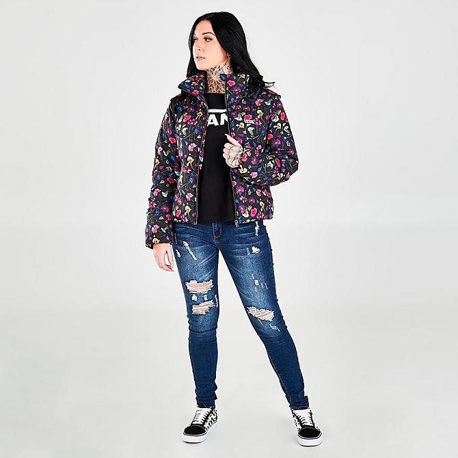 Front Three Quarter view of Women's Vans Foundry V Printed Puffer MTE-1 Jacket in Pressed Floral Click to zoom