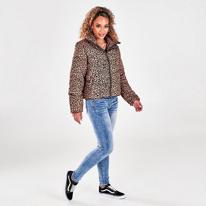 Front Three Quarter view of Women's Vans Foundry V Allover Print Puffer Jacket in Leopard Click to zoom