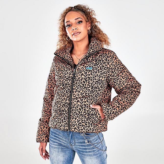Back Left view of Women's Vans Foundry V Allover Print Puffer Jacket in Leopard Click to zoom