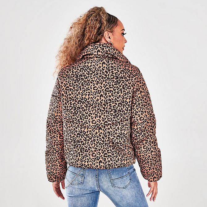 Back Right view of Women's Vans Foundry V Allover Print Puffer Jacket in Leopard Click to zoom