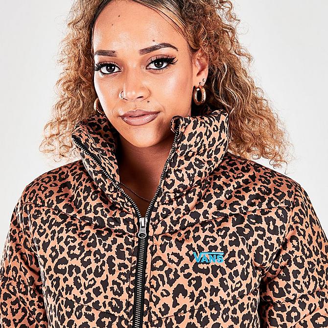 On Model 5 view of Women's Vans Foundry V Allover Print Puffer Jacket in Leopard Click to zoom