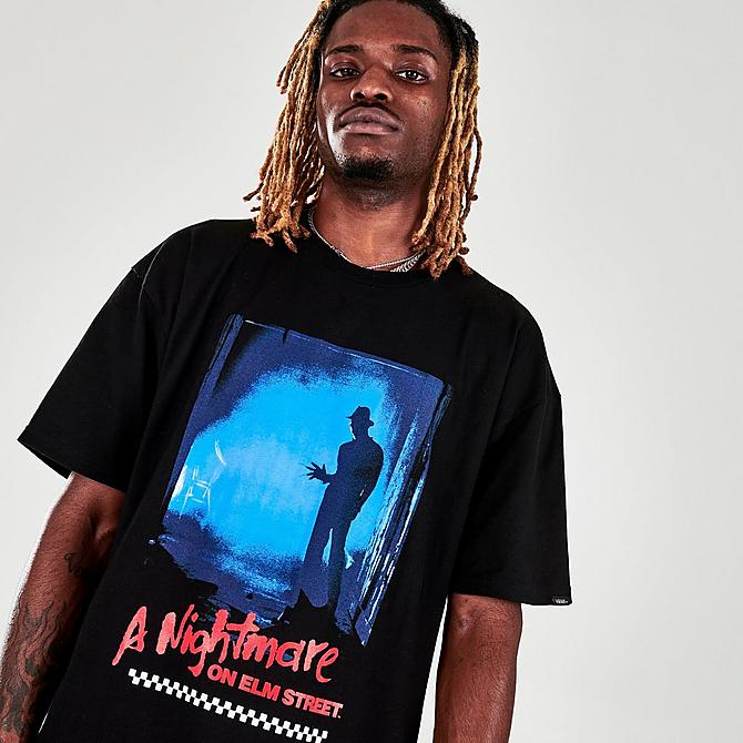 On Model 5 view of Men's Vans x A Nightmare on Elm Street Print Graphic Short-Sleeve T-Shirt in Black Click to zoom