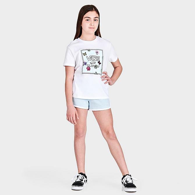 Front Three Quarter view of Girls' Vans SAS Shorts in Delicate Blue/White Click to zoom