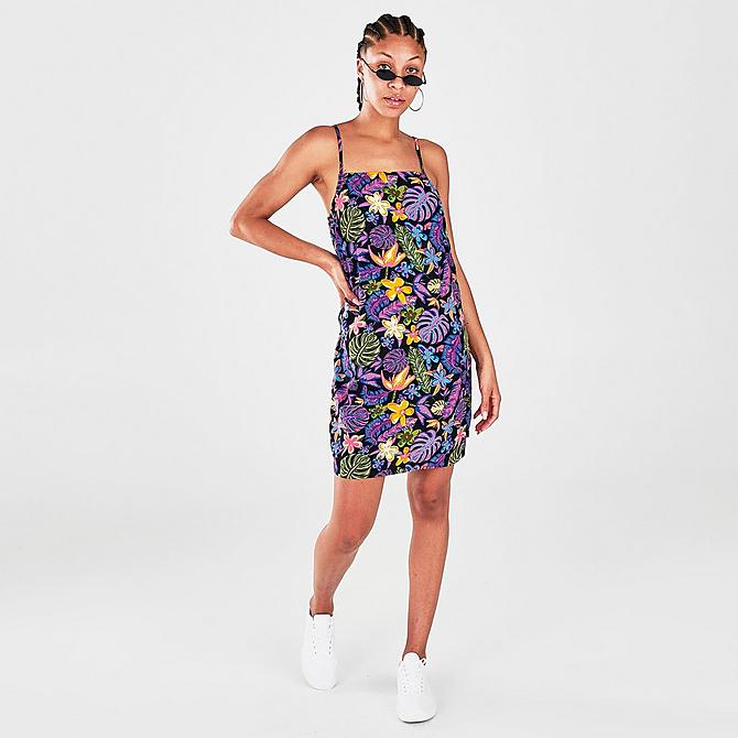 Front Three Quarter view of Women's Vans Tropicali Dress in Black/Multi Click to zoom