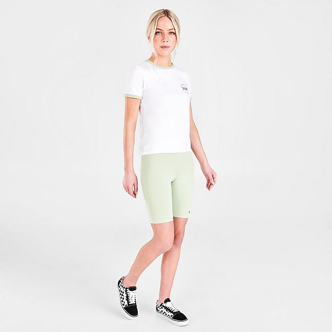 Front Three Quarter view of Women's Vans Hall Pass Ringer T-Shirt in White/Celadon Green Click to zoom