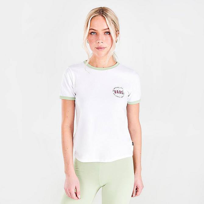 Back Left view of Women's Vans Hall Pass Ringer T-Shirt in White/Celadon Green Click to zoom