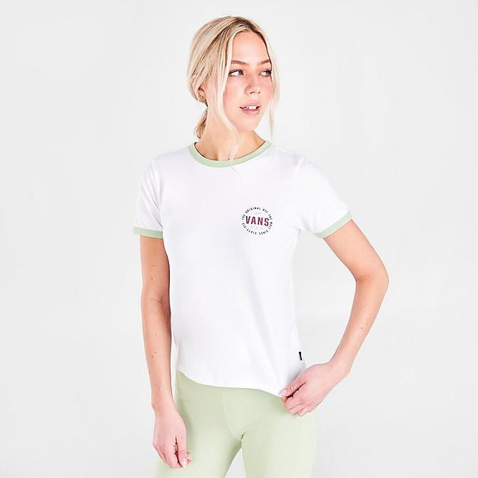 Back Right view of Women's Vans Hall Pass Ringer T-Shirt in White/Celadon Green Click to zoom