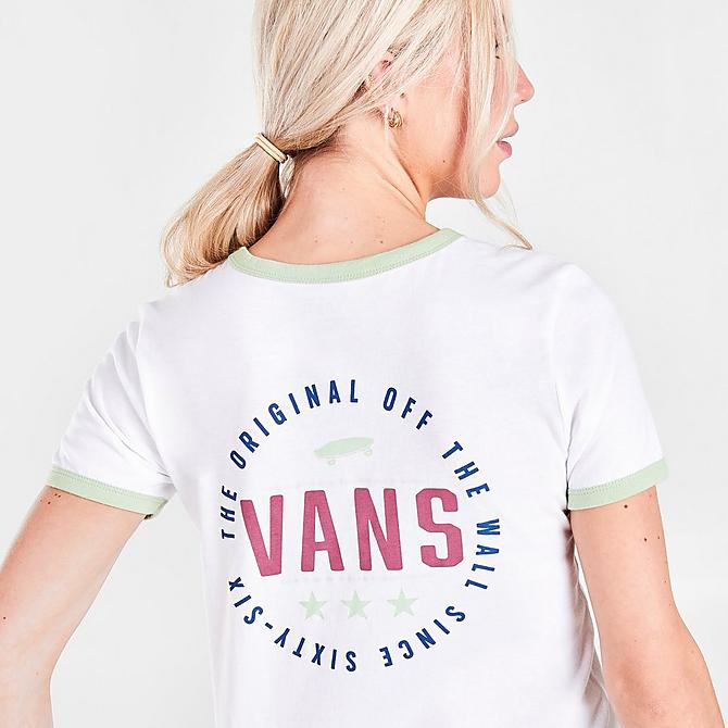 On Model 5 view of Women's Vans Hall Pass Ringer T-Shirt in White/Celadon Green Click to zoom