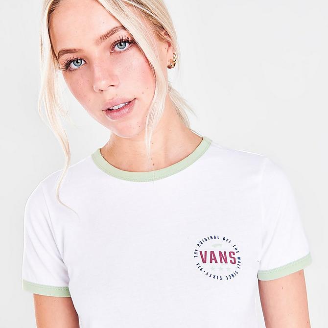 On Model 6 view of Women's Vans Hall Pass Ringer T-Shirt in White/Celadon Green Click to zoom