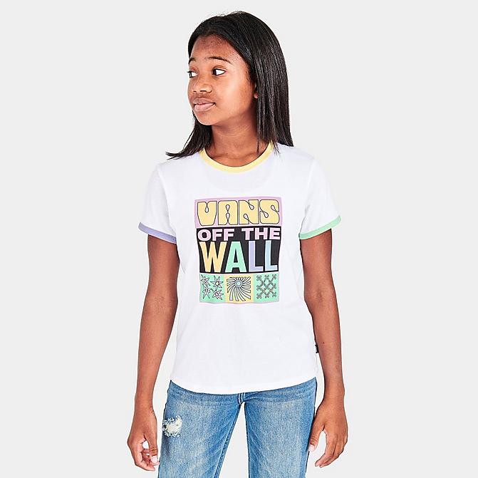 Front view of Girls' Vans Off The Wall Ringer T-Shirt in White/Multi Click to zoom