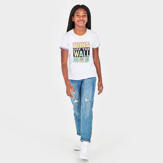 Front Three Quarter view of Girls' Vans Off The Wall Ringer T-Shirt in White/Multi Click to zoom
