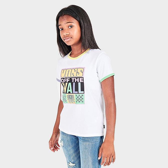 Back Left view of Girls' Vans Off The Wall Ringer T-Shirt in White/Multi Click to zoom