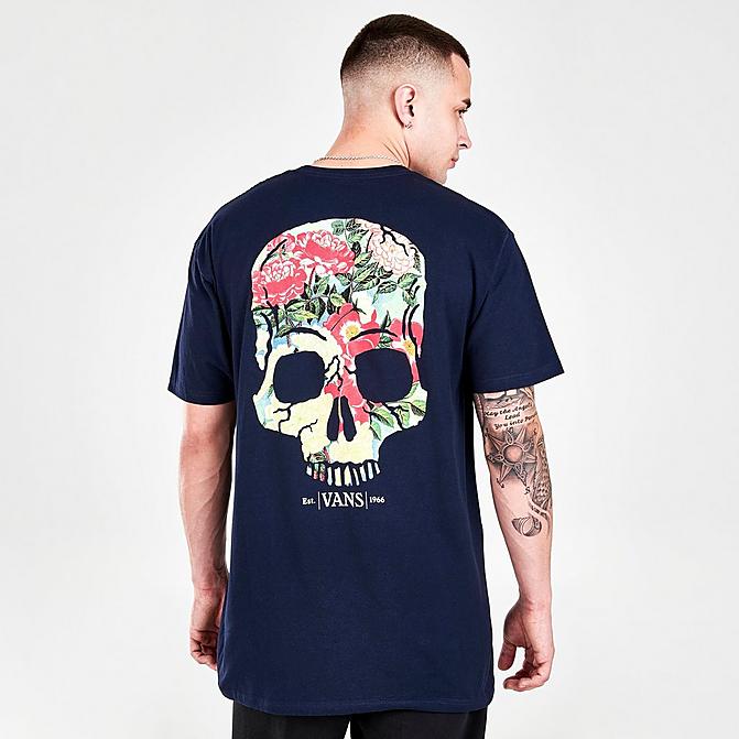 Front view of Men's Vans Flower Skull Graphic Print Short-Sleeve T-Shirt in Navy Click to zoom