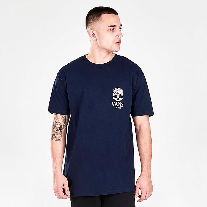 Back Right view of Men's Vans Flower Skull Graphic Print Short-Sleeve T-Shirt in Navy Click to zoom