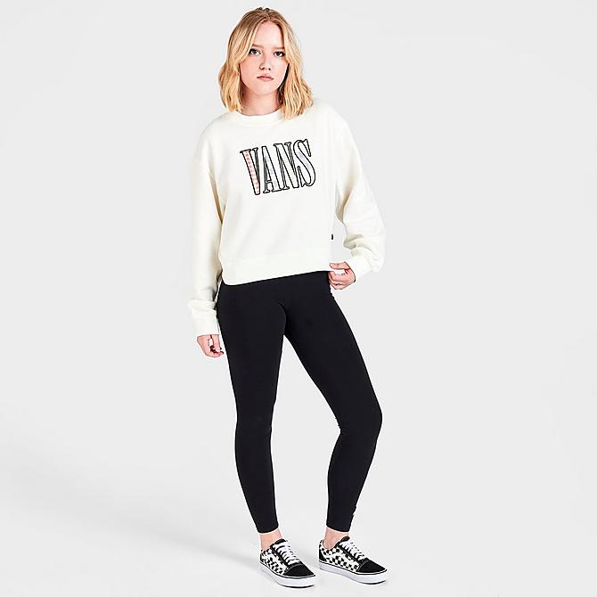 Front Three Quarter view of Women's Vans Mixed Up Gingham Cropped Crewneck Fleece Sweatshirt in Marshmallow Click to zoom