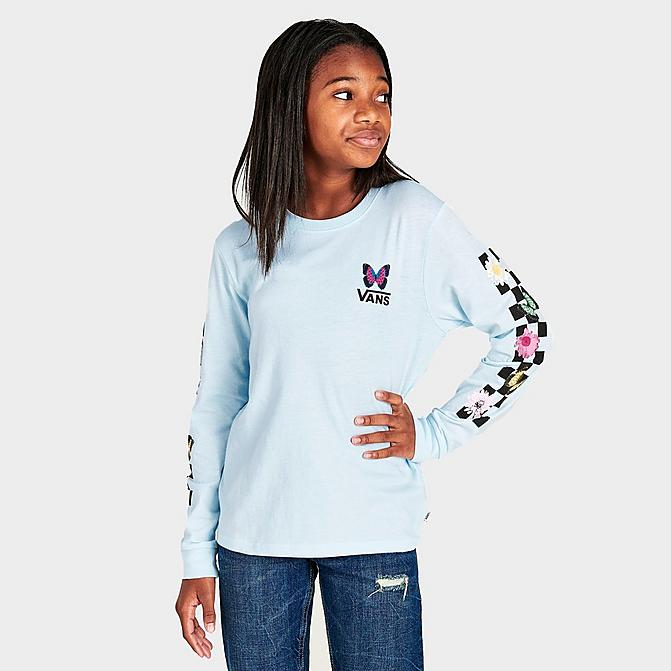 Front view of Girls' Vans Flower Pick Long-Sleeve T-Shirt in Delicate Blue Click to zoom