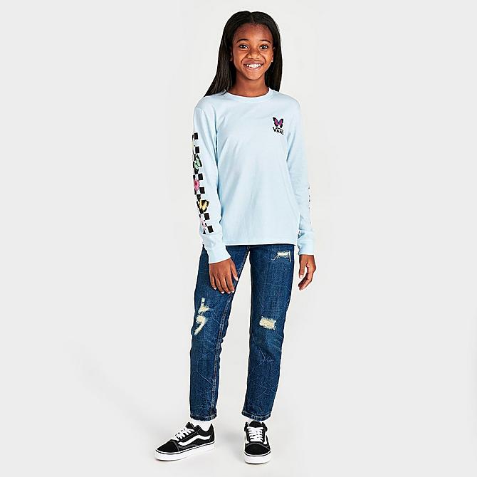 Front Three Quarter view of Girls' Vans Flower Pick Long-Sleeve T-Shirt in Delicate Blue Click to zoom